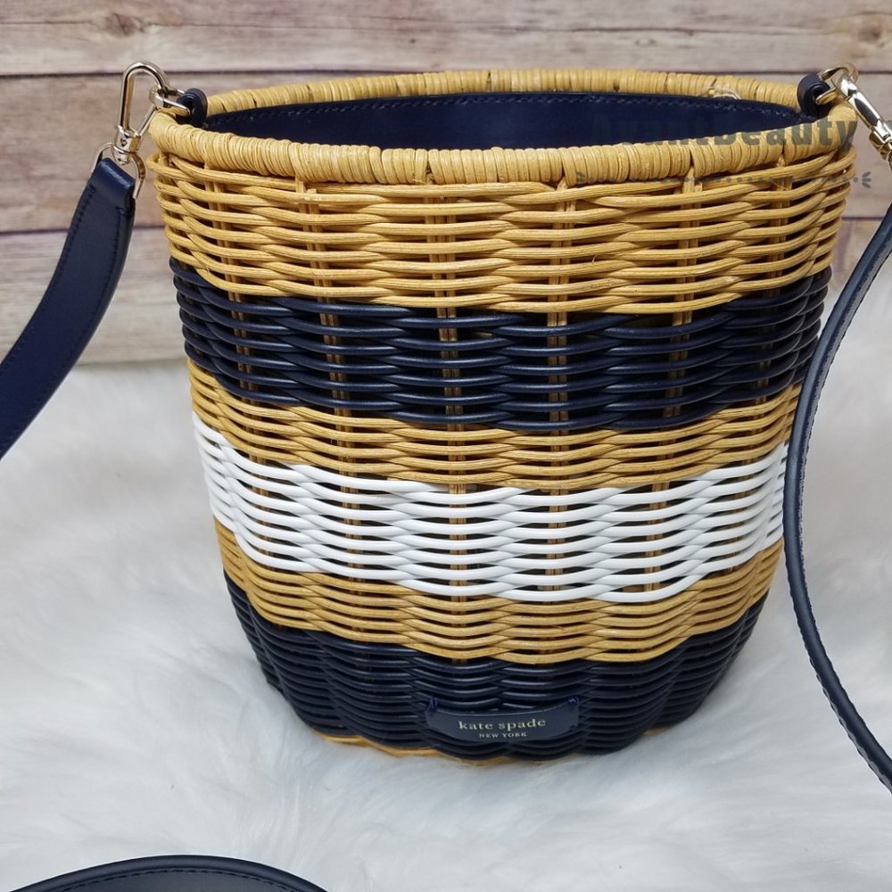 Kate Spade Medium Bucket Bag Buoy Wicker Blue Mult - Picture 15 of 16